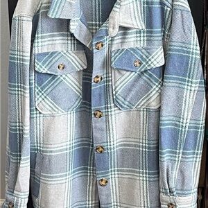 Blue, Gray and Green Plaid Button-Up Shacket